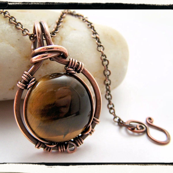 043 Brown Tiger Eye Wire Wrapped Pendant with Chain