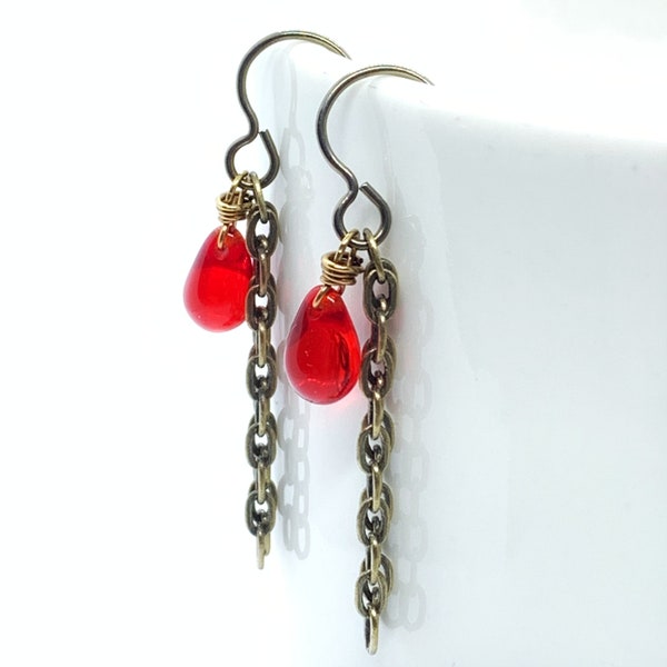 011 Red Czech Glass Teardrop Tassel Brass Hypoallergenic Earrings