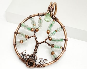 006 Spring Green Glass Copper Wire Wrapped Tree of Life Pendant With Chain