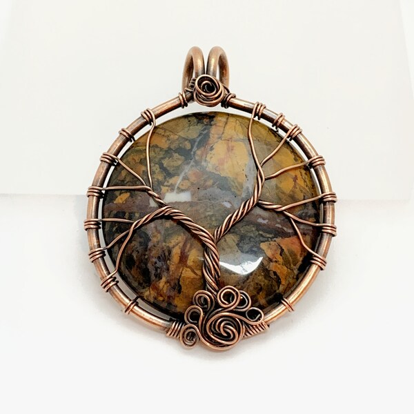 009 Gemstone Sleeping Tree of Life Copper Wire Wrapped Pendant with Chain