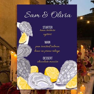 Menu de casamento elegante com ostras, limões e uma deliciosa refeição de 3 pratos: entrada, prato principal e sobremesa. Perfeito para casamentos à beira-mar ou no verão