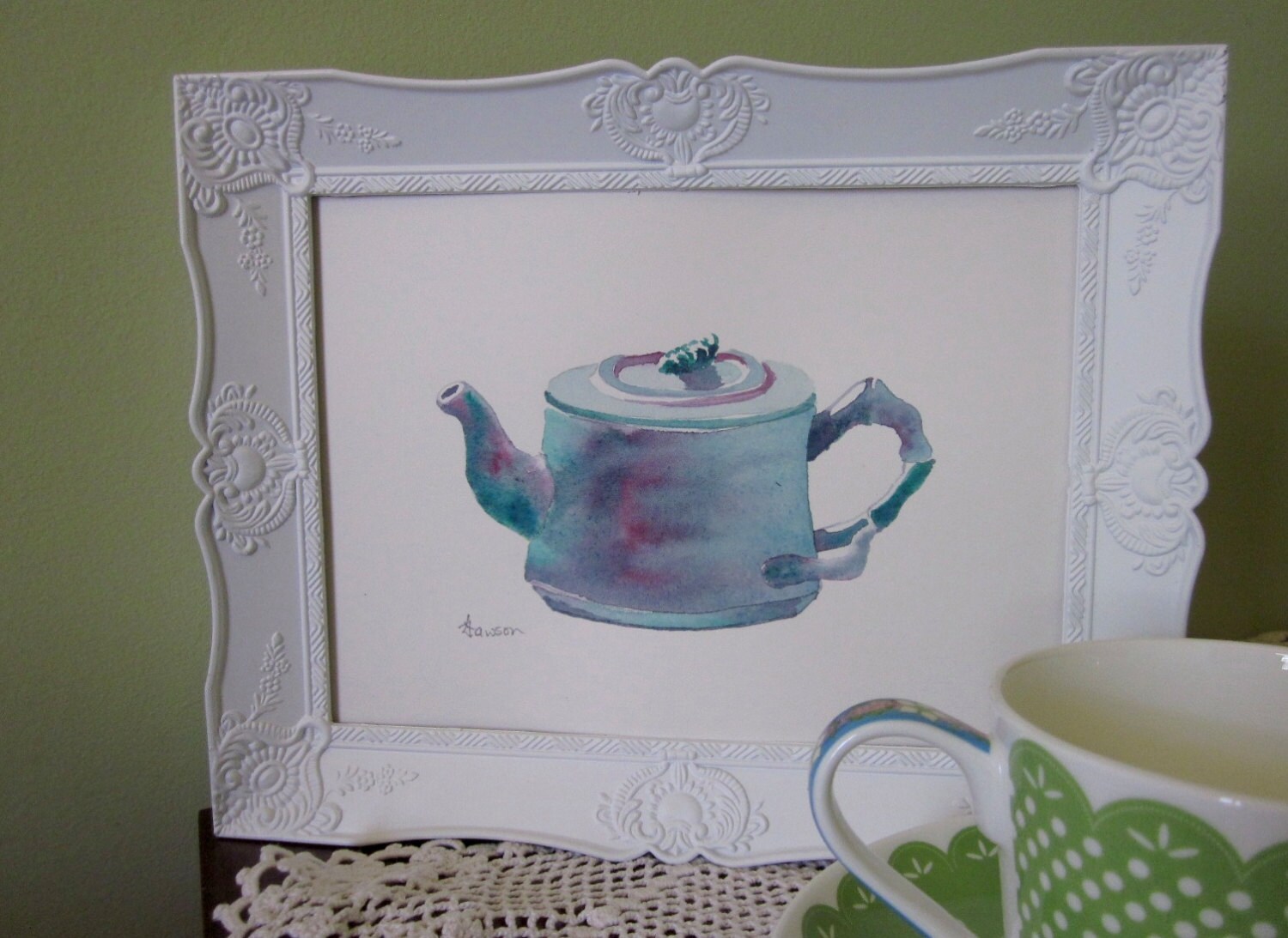 Original watercolour teapot painting Teal blue and violet Etsy