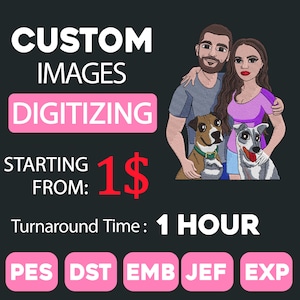 Puede incluir: Un anuncio de servicios de digitalización de imágenes personalizadas. La imagen presenta el texto "CUSTOM IMAGES DIGITIZING" y un gráfico de una pareja con dos perros. También está presente el texto "STARTING FROM: 1$", junto con abreviaturas de formatos de archivo.