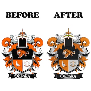 May include: A side-by-side comparison of a coat of arms design, labeled "BEFORE" and "AFTER". The design features a tiger, scales, and a bird, with the name "ONRAKA" on a banner. The color scheme includes black, orange, and silver.