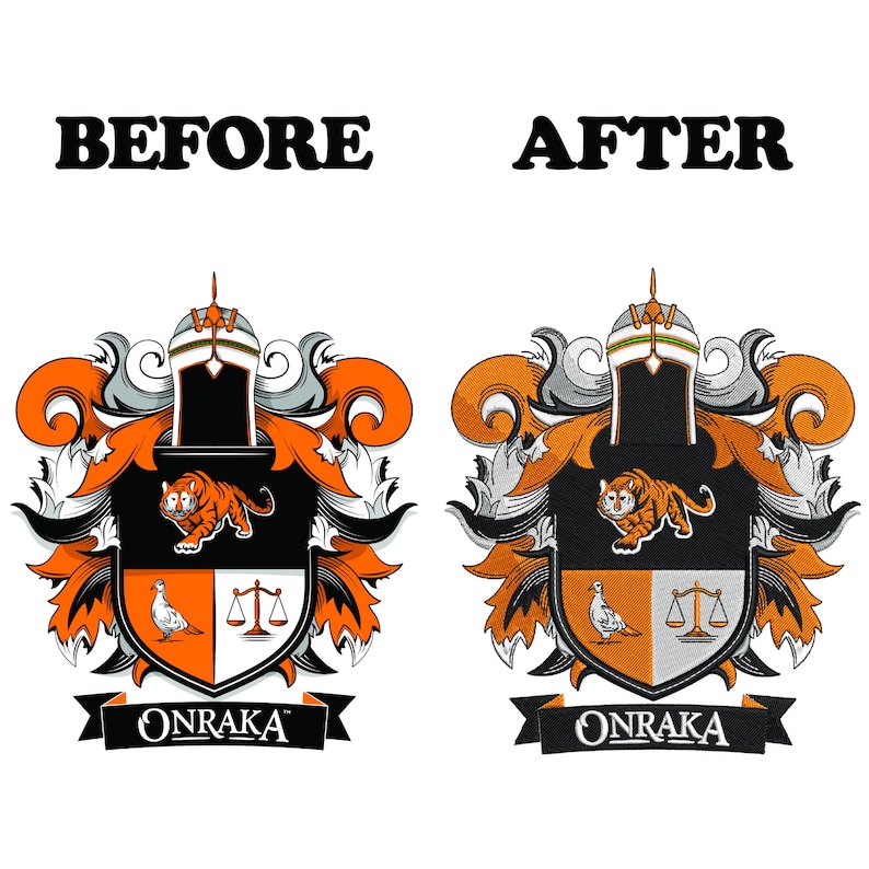 May include: A side-by-side comparison of a coat of arms design, labeled "BEFORE" and "AFTER". The design features a tiger, scales, and a bird, with the name "ONRAKA" on a banner. The color scheme includes black, orange, and silver.