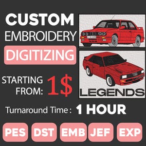 May include: A graphic featuring red car embroidery designs. Text includes "CUSTOM EMBROIDERY DIGITIZING" and "LEGENDS". The image also displays "STARTING FROM: 1$" and "Turnaround Time: 1 HOUR".