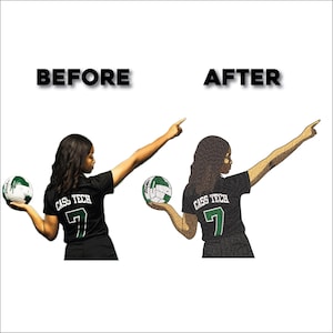 May include: Image comparison showing a person in a black Cass Tech jersey with a volleyball, before and after an artistic transformation. The text "BEFORE" and "AFTER" are displayed above the images.
