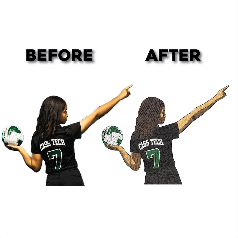May include: Image comparison showing a person in a black Cass Tech jersey with a volleyball, before and after an artistic transformation. The text "BEFORE" and "AFTER" are displayed above the images.