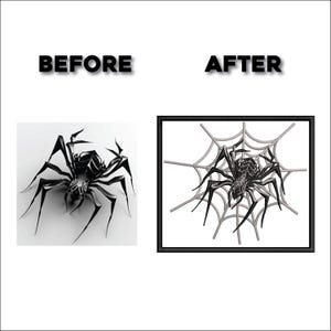 May include: The image shows a before-and-after comparison of a black spider design. The "before" image is a 3D rendering of a spider. The "after" image is a spider design within a web, framed in black. The text "BEFORE" and "AFTER" are above the images.