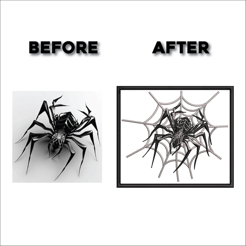 May include: The image shows a before-and-after comparison of a black spider design. The "before" image is a 3D rendering of a spider. The "after" image is a spider design within a web, framed in black. The text "BEFORE" and "AFTER" are above the images.