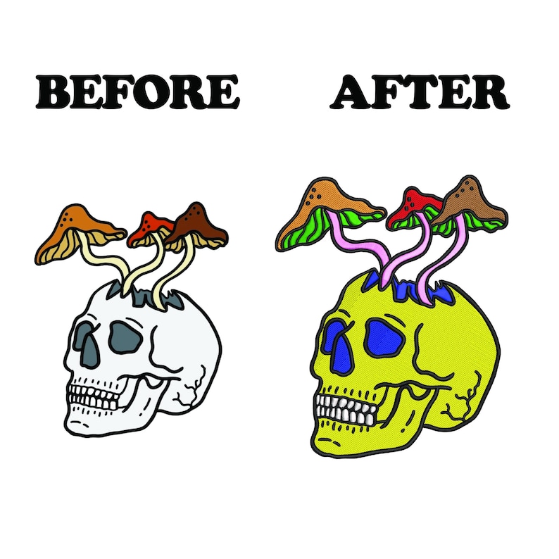 May include: A graphic illustration comparing a white skull with brown and red mushrooms to a yellow skull with blue eyes and green-lined mushrooms. The text "BEFORE" and "AFTER" are above the images.