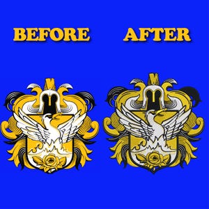 May include: A side-by-side comparison of a crest design, with the text "BEFORE" and "AFTER" in yellow. The crest features a white bird with outstretched wings, a yellow shield, and a rose.