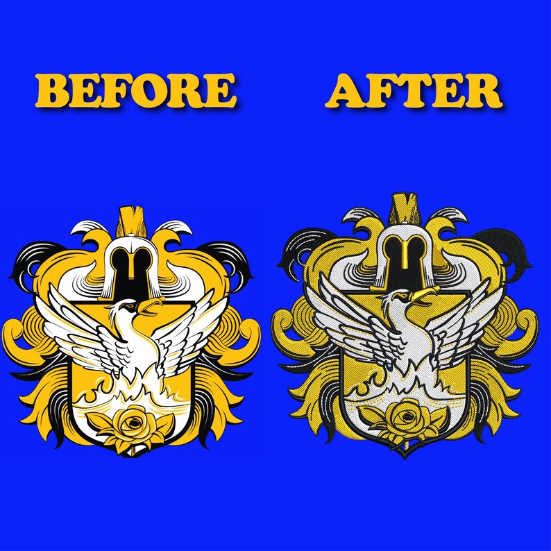 May include: A side-by-side comparison of a crest design, with the text "BEFORE" and "AFTER" in yellow. The crest features a white bird with outstretched wings, a yellow shield, and a rose.