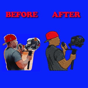 May include: Image comparison: "BEFORE" shows a person with a camera rig, "AFTER" shows the same person with a refined camera setup. Both figures wear a red cap and dark shirt against a blue background. The text "BEFORE" and "AFTER" are in red.