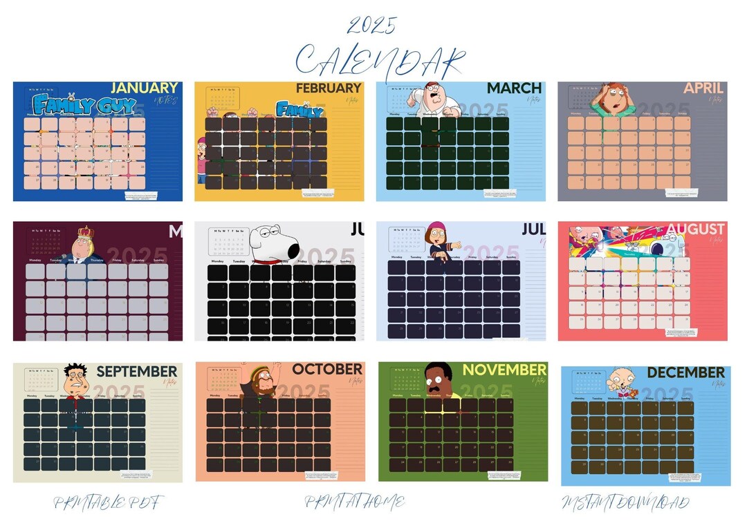 Family Guy Printable 2025 Calendar Fun Digital Download Wall Art Etsy