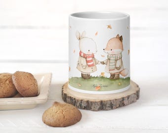 Keramische mok met herfstvos en konijn | Cottagecore cadeau voor dieren- en natuurliefhebbers | Koffiemok met aquarelillustratie