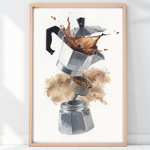 Puede incluir: Impresión enmarcada que presenta una ilustración en acuarela de una cafetera italiana plateada con café salpicando. La imagen muestra las partes desmontadas de la cafetera, con posos de café y una mancha de café marrón en el fondo.
