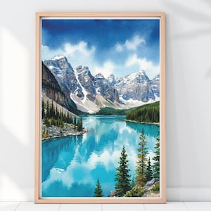 May include: Watercolor painting of a mountain lake scene. The artwork features a vibrant turquoise lake reflecting snow-capped mountains and a bright blue sky. The painting is framed in a light wood frame, showcasing the natural beauty of the landscape.