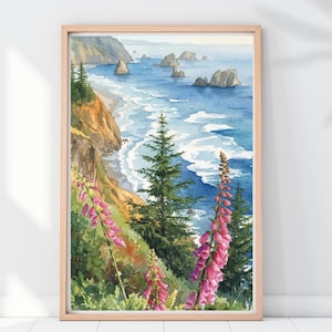 Puede incluir: Pintura a la acuarela de un paisaje costero con marco de madera. La obra representa un océano azul con formaciones rocosas, una playa de arena y un acantilado. Dedaleras rosas y árboles de hoja perenne en primer plano.