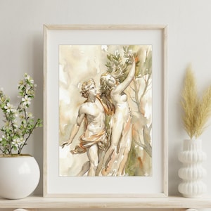 Puede incluir: Impresión en acuarela de una escena de escultura clásica, enmarcada en madera clara. La obra representa dos figuras, una de ellas extendiendo la mano hacia un árbol. La paleta de colores incluye tonos beige, melocotón y verde, creando una estética suave y artística.