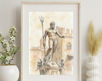 Neptune Statue Watercolor Print | Bologna Italy Wall Art, Poseidon Greek Mythology Poster, Renaissance Decor | Digital Download