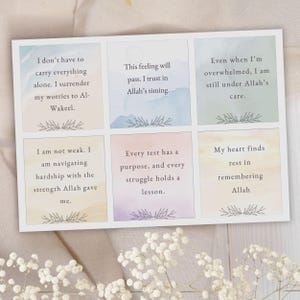 May include: Six colorful cards with inspirational quotes about faith and trust in Allah. The quotes are written in black text on a white background. The cards are decorated with watercolor backgrounds and floral accents.