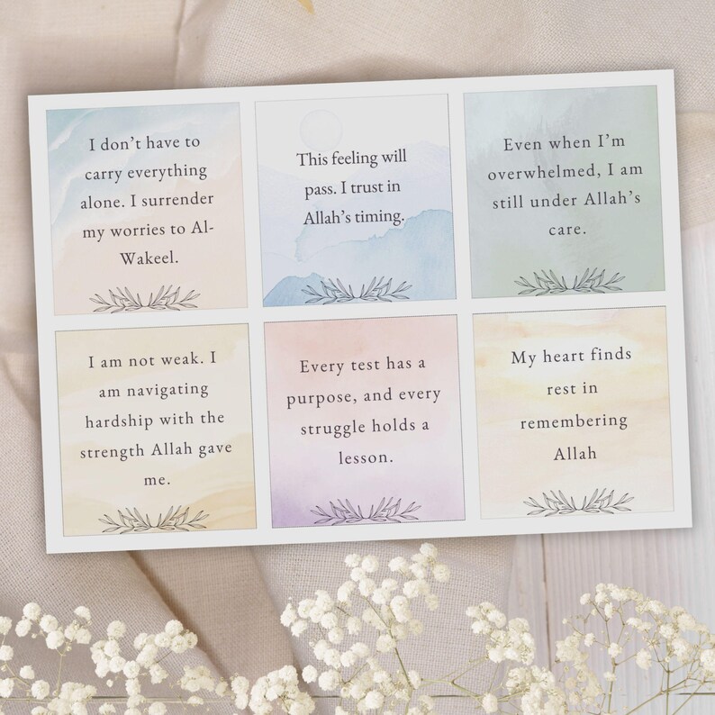 May include: Six colorful cards with inspirational quotes about faith and trust in Allah. The quotes are written in black text on a white background. The cards are decorated with watercolor backgrounds and floral accents.
