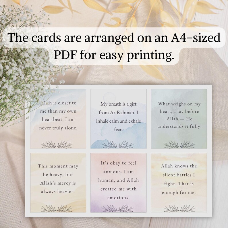 May include: Six printable affirmation cards with watercolor backgrounds and inspirational quotes. The cards feature quotes about faith, self-care, and finding peace. The text on the cards includes: "Allah is closer to me than my own heartbeat. I am never truly alone." "My breath is a gift from Ar-Rahman. I inhale calm and exhale fear." "What weighs on my heart, I lay before Allah - He understands it fully." "This moment may be heavy, but Allah's mercy is always heavier." "It's okay to feel anxious. I am human, and Allah created me with emotions." "Allah knows the silent battles I fight. That is enough for me."