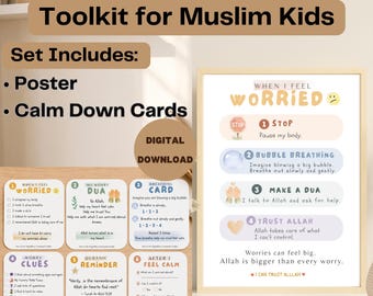 Islamic Emotional Regulation Toolkit for Kids| When I Feel Worried Poster & Calm Down Cards| Muslim Feelings Print| Islamic Parenting