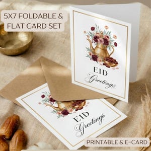 Peut inclure: Cartes de vœux pliables blanches de 12,7 x 17,8 cm avec bordure dorée et enveloppes marron. Les cartes présentent une illustration à l'aquarelle d'une théière avec des fleurs et le texte "EID Greetings".