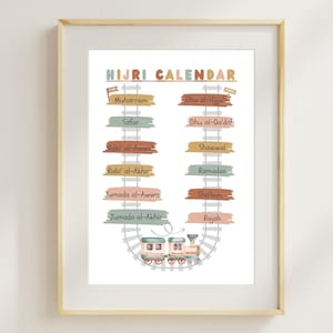 Hijri-kalender voor kinderen | Islamitische treinposter met maanden | Afdrukbare muurkunst | Homeschooldecoratie moslim | Islamitische leertabel voor kinderen