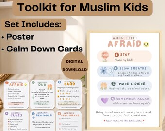Islamic Emotional Toolkit Muslim Kids| When I Feel Afraid| Fear Regulation Printable| Muslim Children Coping Cards| Islamic Gentle Parenting