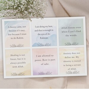 May include: Nine colorful cards with inspirational quotes about faith and self-care. The quotes include "I choose calm, not because it's easy, but because I trust in Ar-Rahim." and "Allah listens even when I can't find the words."