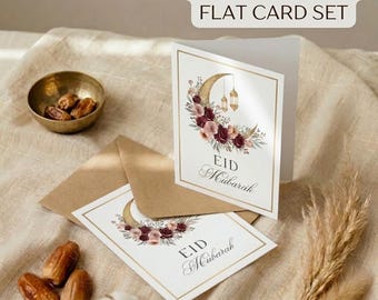 Watercolor Eid Mubarak Card, Floral Crescent Moon Islamic Greeting (Digital Download)