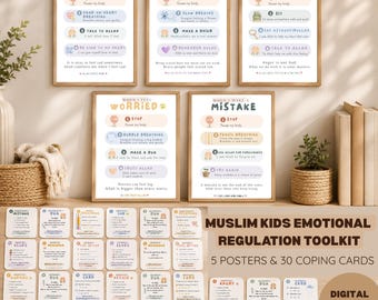 Emotional Regulation Toolkit For Muslim Kids | 30 Coping Skills Activities & Feelings Cards | Digital PDF Resource