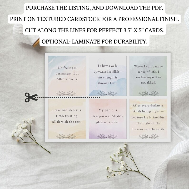May include: Set of six printable 3.5 x 5 inch cards with inspirational quotes in a watercolor style. The cards feature a light blue, pink, and yellow background with a floral design. The quotes are: "No feeling is permanent. But Allah's love is.", "La hawla wa la quwwata illa billah - my strength is through Him.", "I take one step at a time, trusting Allah with the rest.", "My panic is temporary. Allah's plan is eternal.", "When I can't make sense of life, I anchor myself in tawakkul.", and "After every darkness, Allah brings light - because He is An-N&ucirc;r, the Light of the heavens and the earth."