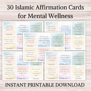 30 Cartões de Afirmações Islâmicas para o Bem-Estar Mental | Cartões para Autocuidado Muçulmano para Imprimir | Cartões para Download Digital | Presente Islâmico Calmante