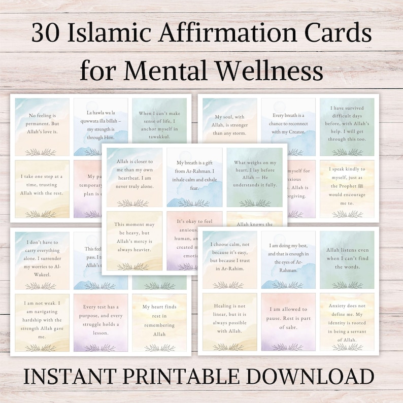 May include: Thirty pastel-colored affirmation cards with Islamic quotes and phrases for mental wellness. The cards feature a variety of colors, including pink, blue, green, and yellow. The text on the cards is in black and white.