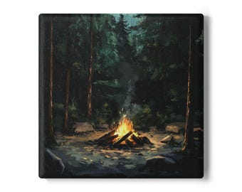 Rustikaler Lagerfeuer-Keramikuntersetzer, gemütliches Wohndekor, perfekt für Campingliebhaber, einzigartiges Geschenk für Naturliebhaber, Housewarming-Accessoire