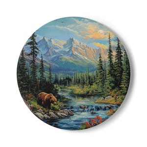 Ceramic Coaster, Bear and Mountain Nature Scene Gift for Outdoor Enthusiasts, Wildlife Lovers, Home Decor, Cabin Decor, Mountain Lover,