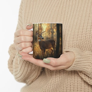 Deer Forest Scene Ceramic Mug, Nature Lover, Woodland Coffee Cup, Rustic Wilderness Tea Mug, Outdoor Enthusiast Present, Wildlife Home Decor