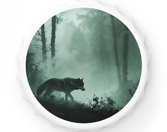 Flesopener Wolf in Misty Forest, bargerei natuurthema, cadeau natuurliefhebber, rustiek keukendecor, verjaardag, Moederdag, vadercadeau