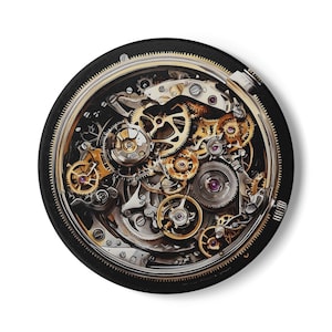 May include: A close-up of a round, black clock face with gold gears and a silver rim. The clock face is filled with intricate details of the clock's inner workings.