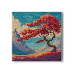 Vibrant Mountain Japanese Cherry Blossom Landscape Ceramic Coaster, Artistic Drink Coaster, Home & Kitchen Decor, Gift for Nature Lovers