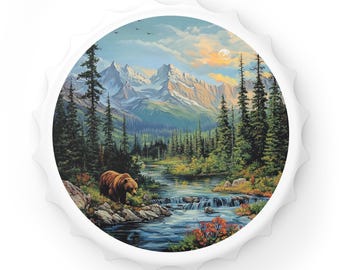 Rustic Nature-Themed Bottle Opener, Ideal for Campers, Hikers, Outdoor Lovers, Gift for Nature Lovers, Barware Decor, Bear and Mountains