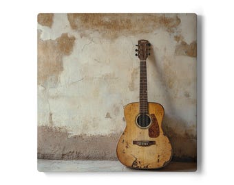 Rustic Guitar Art Ceramic Coaster | Music Lover Decor, Home Barware, Unique Gift, Housewarming, Vintage Art Lovers, Guitarist Gift