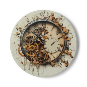 May include: A round clock face with Roman numerals and a broken, exposed gear mechanism. The clock face is white with gold accents and the gears are gold and brown. The clock is set against a white background.