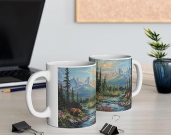 Keramisk mugg för björn och berg, kaffemugg med naturskönt landskap, gåva för naturälskare, vandringsmugg, dryckeskärl för utomhusäventyr