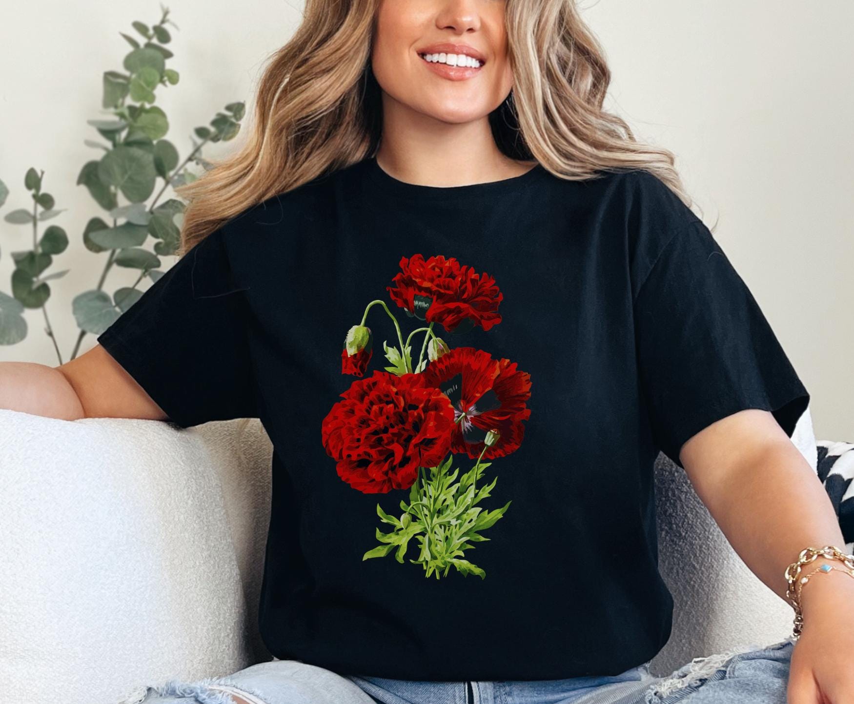 花柄ポピーTシャツ：植物愛好家へのギフト、8月の誕生花 - Etsy 日本