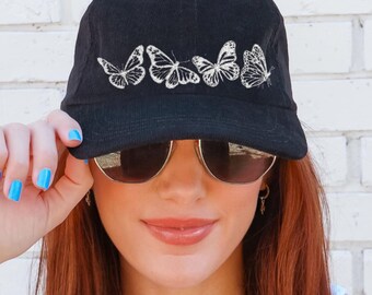 Gray Hat With Hand Embroidered Butterfly, Floral Baseball  display picture 3